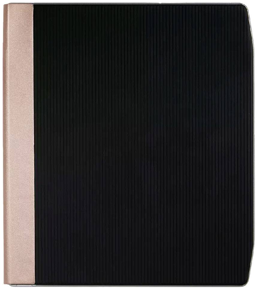 A black notebook with a pink spine.