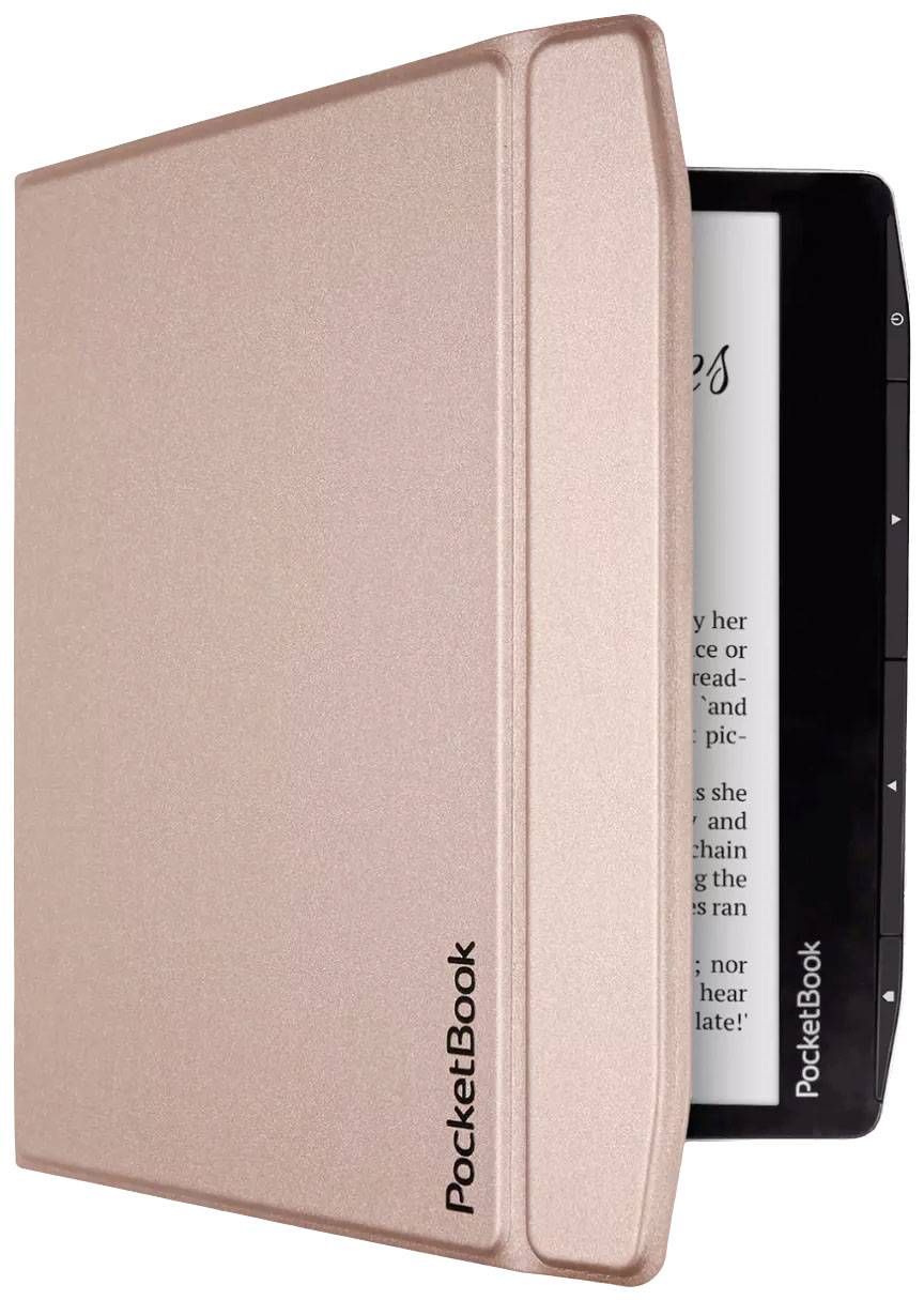 Open e-reader with a rose gold case, partially displaying text on the screen. Device by PocketBook.