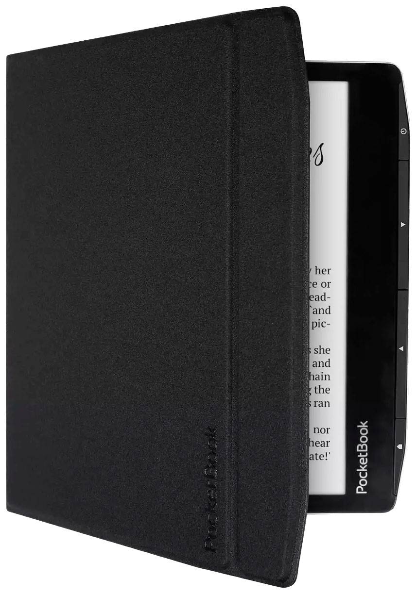 A black PocketBook e-reader with a partially closed cover displays a section of text on the screen.
