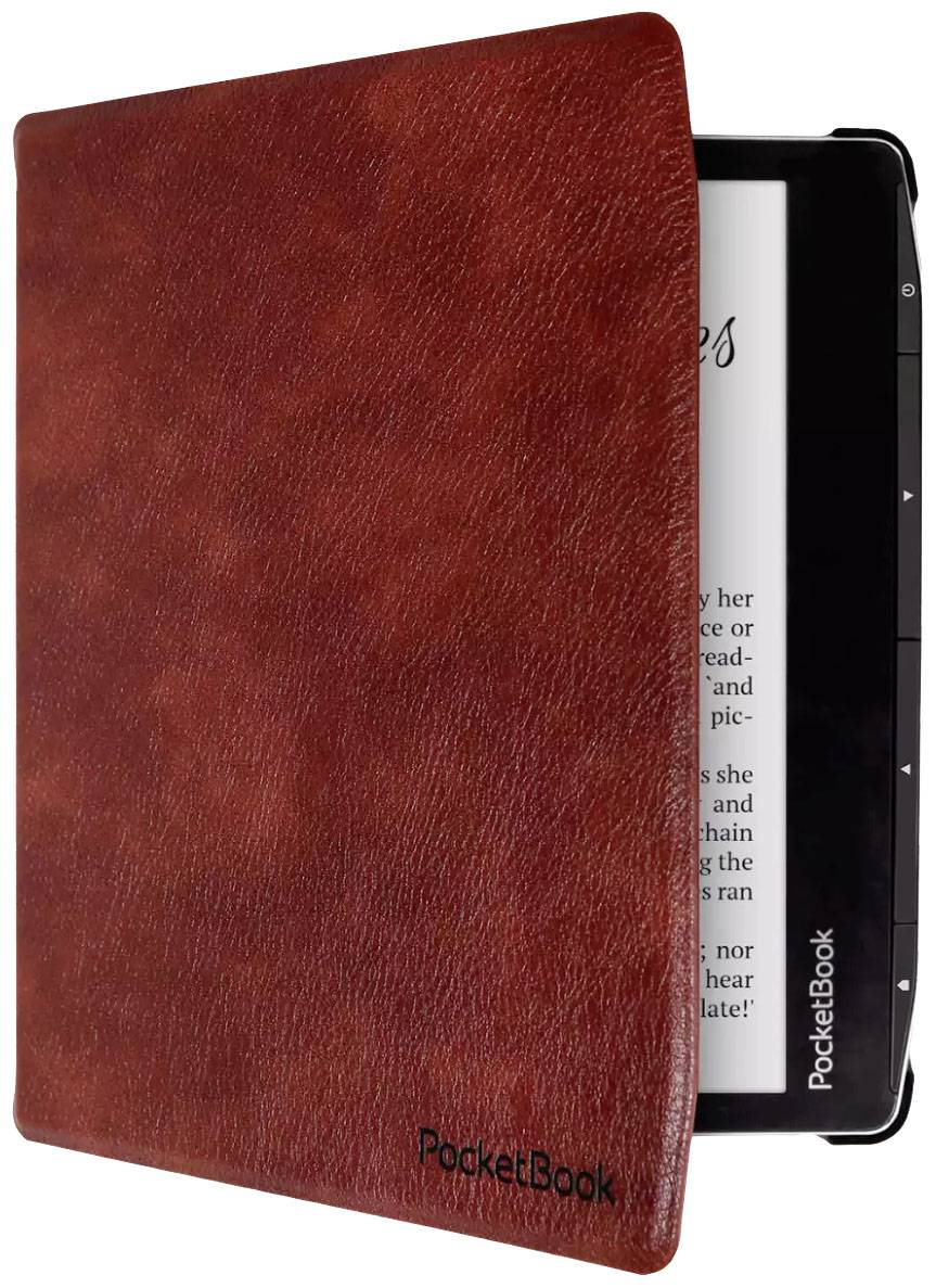 An e-reader with a red leather cover. Text is visible on the display.