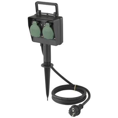 A black garden power socket on a ground spike, with two green socket outlets and a long cable with a Schuko plug.