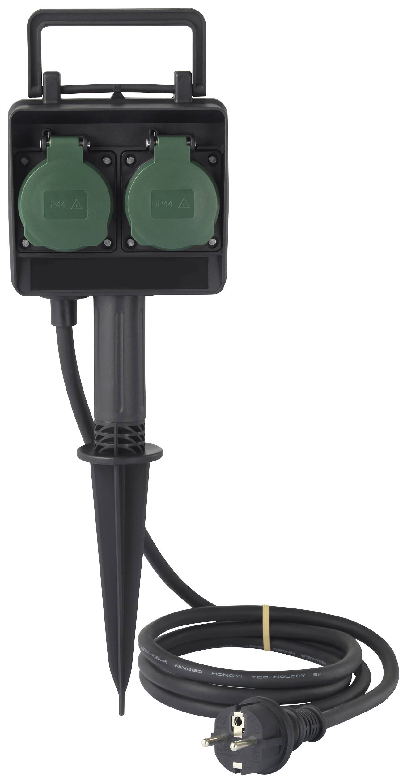 A black garden socket with two green earthed sockets, ground stake and long cable, suitable for outdoor use.