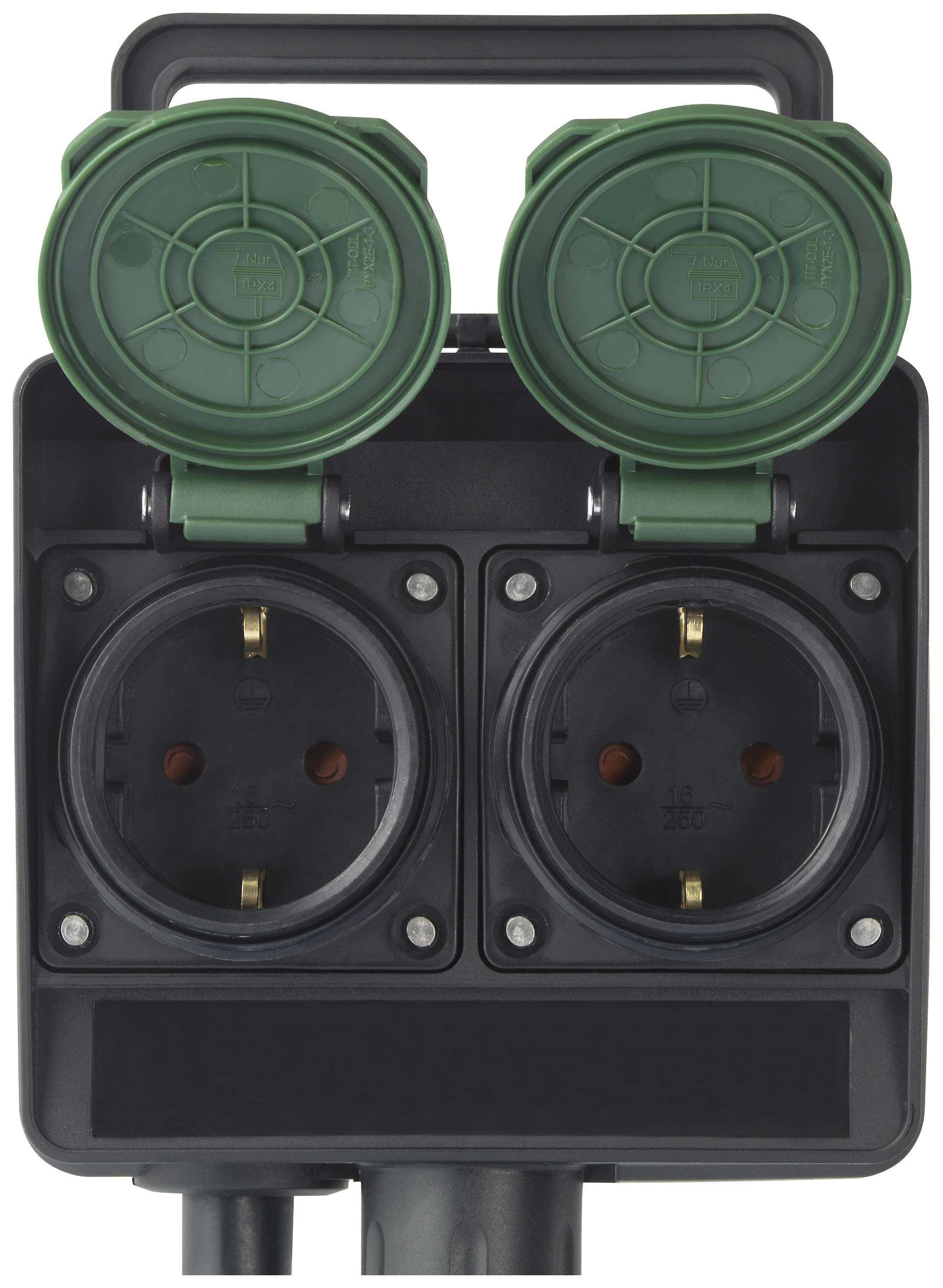 Two double sockets in a black housing with green covers, suitable for outdoor use.