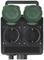 Two double sockets in a black housing with green covers, suitable for outdoor use.