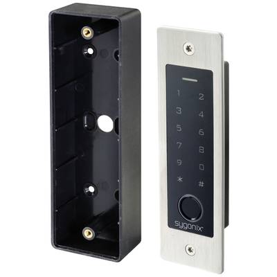 A rectangular, silver door lock with a keypad and black fascia, positioned to the right of a black mounting box.