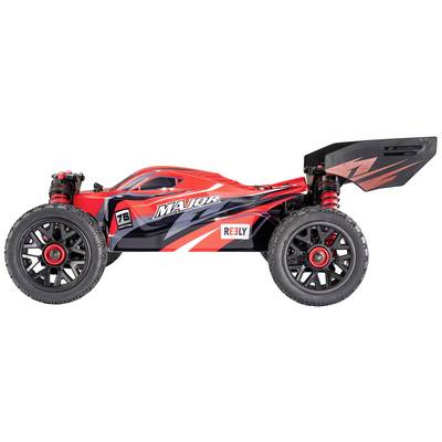 Red and black RC car with aerodynamic design and large off-road tyres, with 'MAJOR' written on the side.