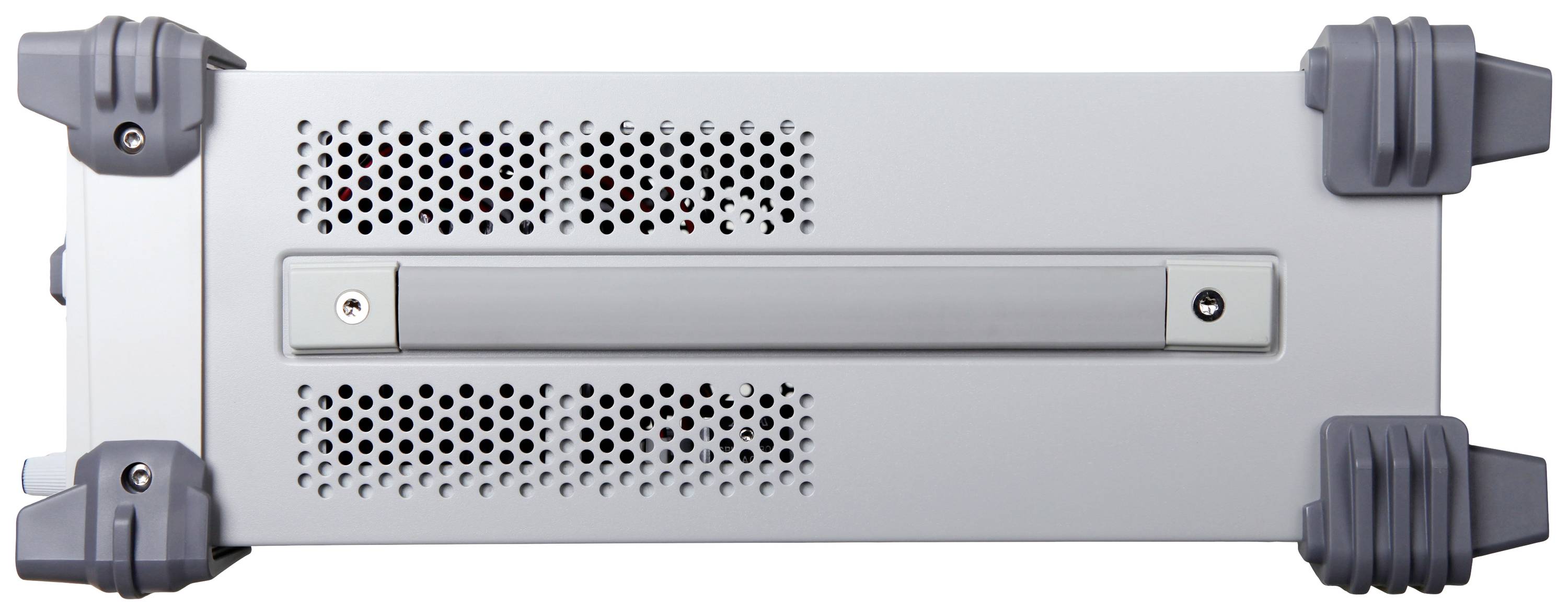 A grey, rectangular device with ventilation slots and grey corners, lying down.