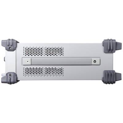 A grey, rectangular device with ventilation slots and grey corners, lying down.