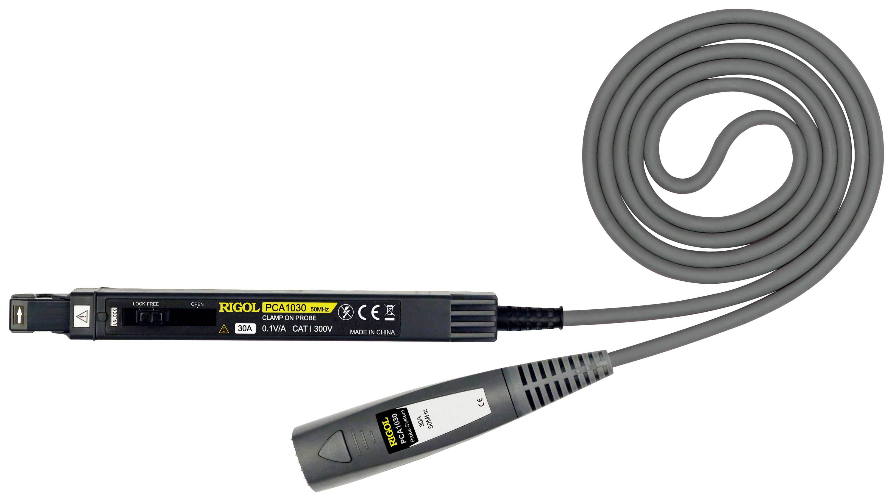 'Rigol Current Clamp, Model 1500A AC/DC'. Black clamp with grey cable, suitable for electrical measurements in laboratories or workshops.