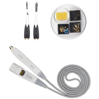 A set of electronics accessories consisting of a fibre optic stylus, cables, adapters, and various connectors on a white background.