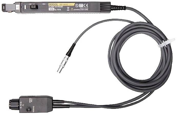 A current measuring sensor with a long cable and plug connection, suitable for measuring electrical currents in technical applications.