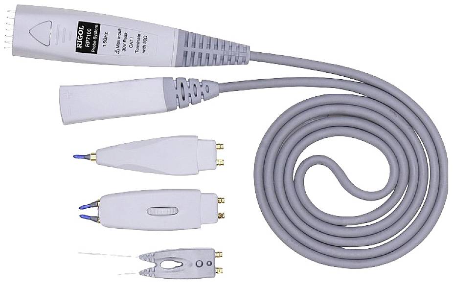 Oscilloscope probe with grey cable and four interchangeable tips for various measurements.