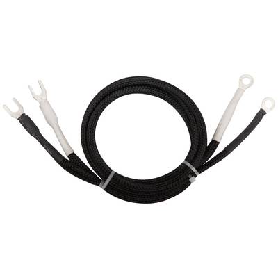 A black, braided cable with two round connectors at one end and fork terminals at the other, suitable for electrical connections.