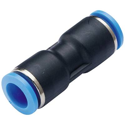 Black pipe connector with blue seals at both ends, presumably for pneumatic systems.