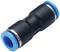Black pipe connector with blue seals at both ends, presumably for pneumatic systems.