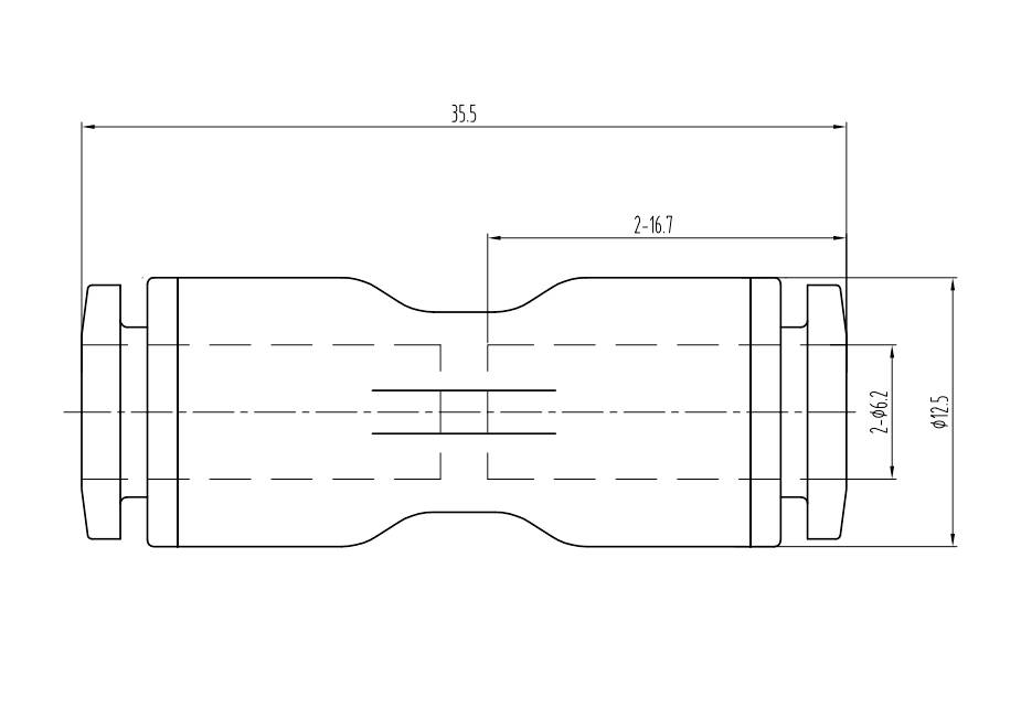 Technical drawing of a mechanical component with dimensions: Length 35.5 mm, diameter at ends 12.5 mm, other dimensions 2-16.7 mm, 2-6.2 mm.