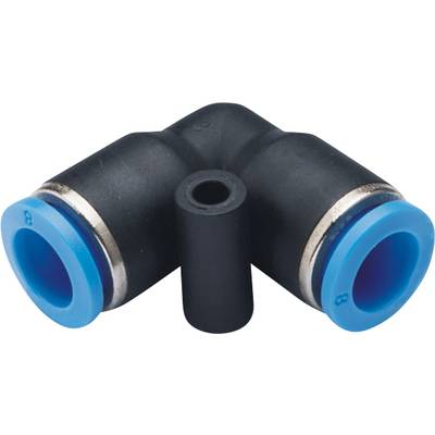 'Black L-shaped pneumatic connector with blue ends, specifically developed for compressed air systems, enables change of direction.'