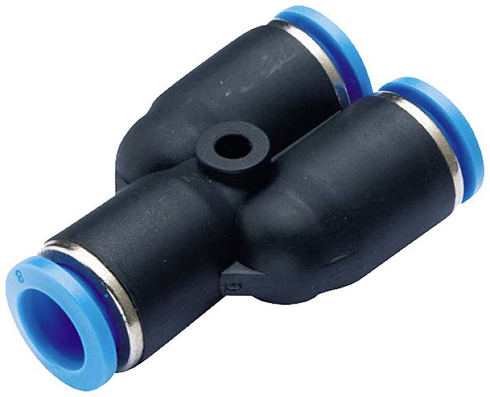 A black and blue T-piece quick-release connector for hoses, commonly used in pneumatic systems.