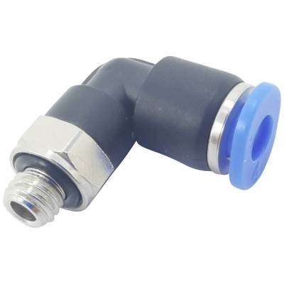 A black and blue angled connector with a metal screw and seal, suitable for pipe connections in technical applications.
