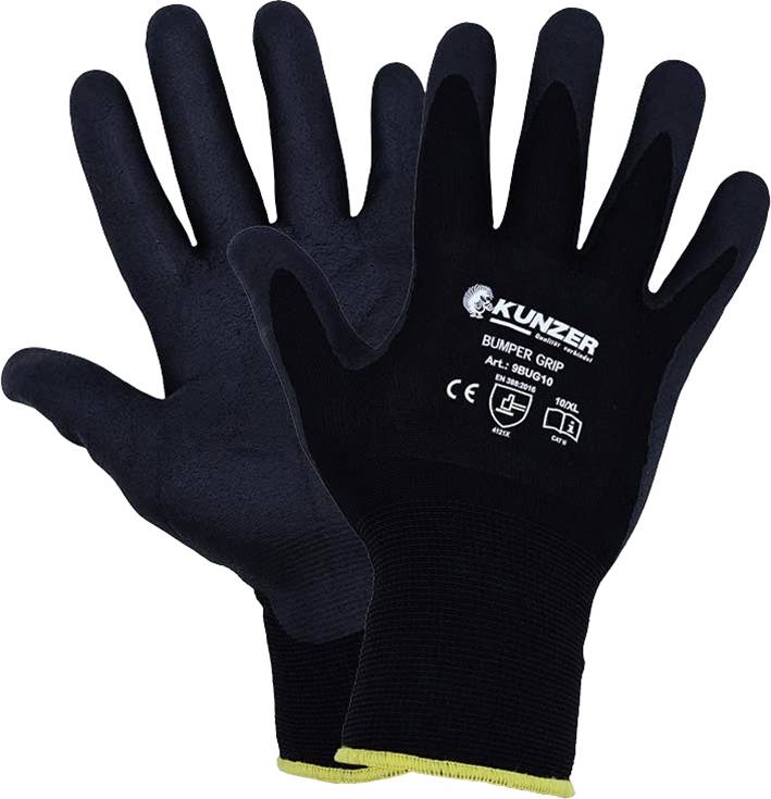 Black work gloves with 'Kunzler Bumper Grip' print. They display CE marking and size specification.