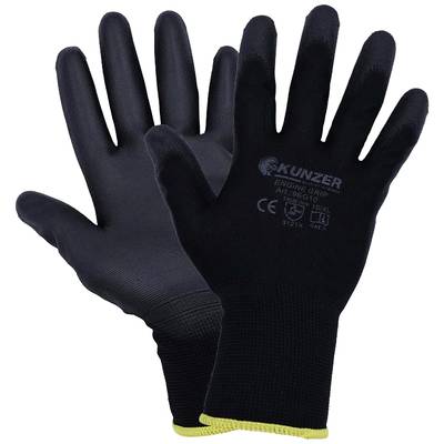 Two black protective fabric gloves with rubberised fingertips, yellow ribbed cuffs and manufacturer information printed on them.