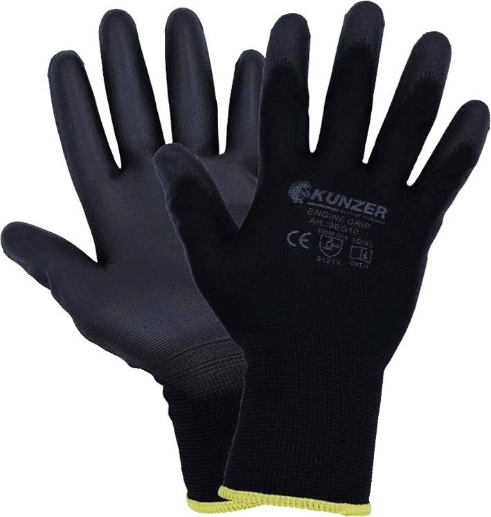 Two black protective gloves with a yellow trim, printed with 'KUNZER' and technical details, suitable for mechanical work.