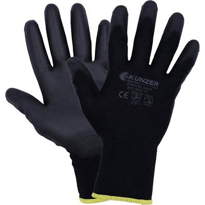 Two black protective gloves with a yellow trim, printed with 'KUNZER' and technical details, suitable for mechanical work.