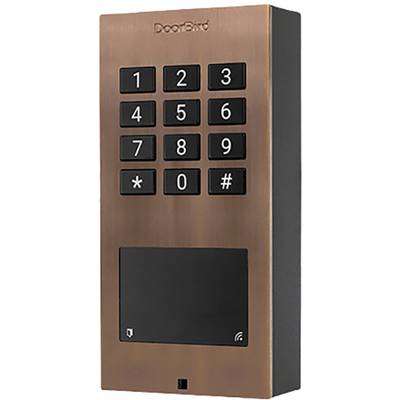 Door intercom in bronze, equipped with a numeric keypad from 0-9, as well as star and hash buttons.