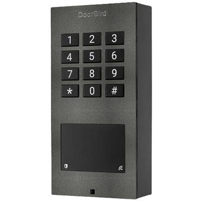 'Door access system with number pad and RFID reader. Keys 0-9, *, #. Brand: DoorBird.'
