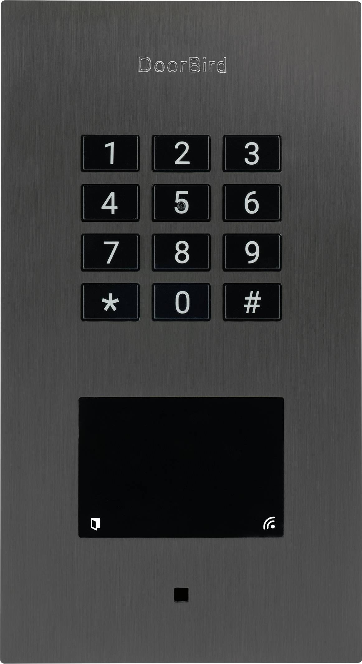 Black door access panel with keypad. Numbers 1-9 at the top, symbols *, 0, # at the bottom. Screen underneath.