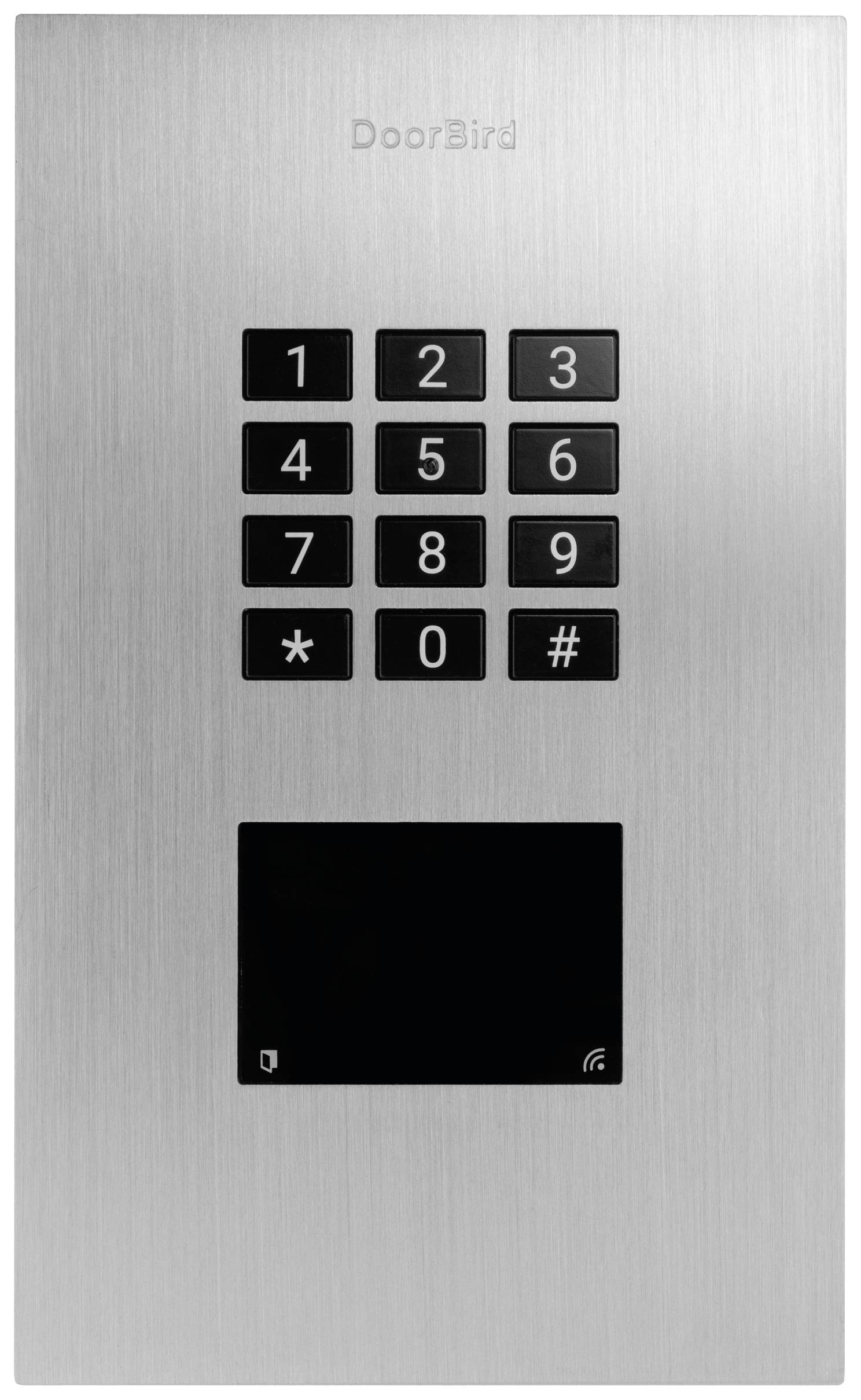 Door intercom with numeric keypad (1-9, *, #) and RFID access panel. Manufactured by DoorBird.