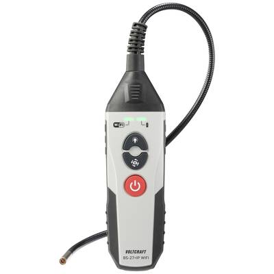 A portable endoscope inspection device with WiFi functionality, featuring a black handle and grey casing. A flexible probe is located at the top.