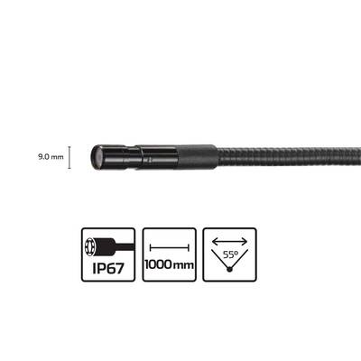 An endoscope camera cable with a diameter of 9 mm. Symbols indicate: IP67 protection, 1000 mm length, 55° field of view.