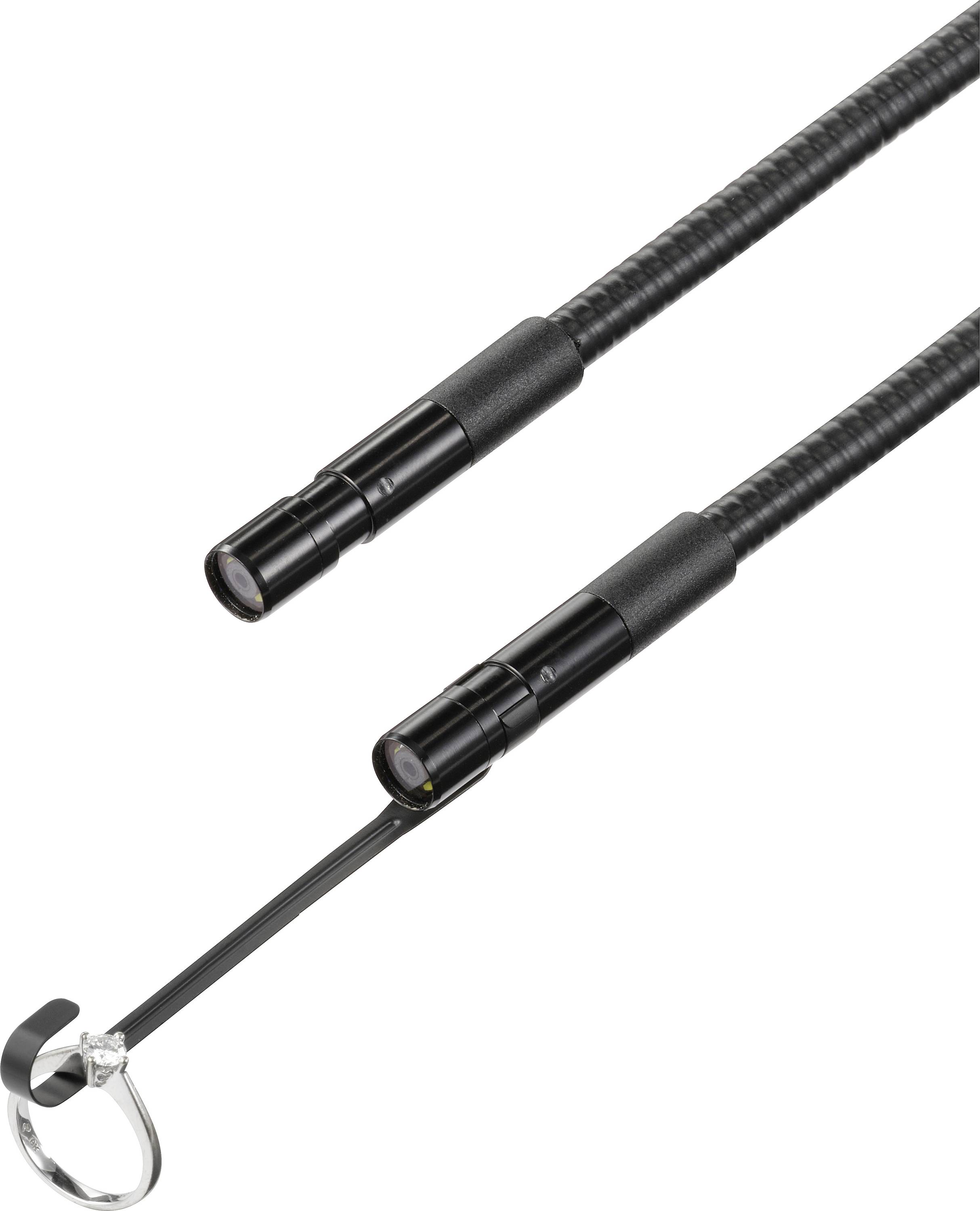Two black flexible endoscopic probes with LED lights attached at the ends, one with a small camera, the other with a mirror.