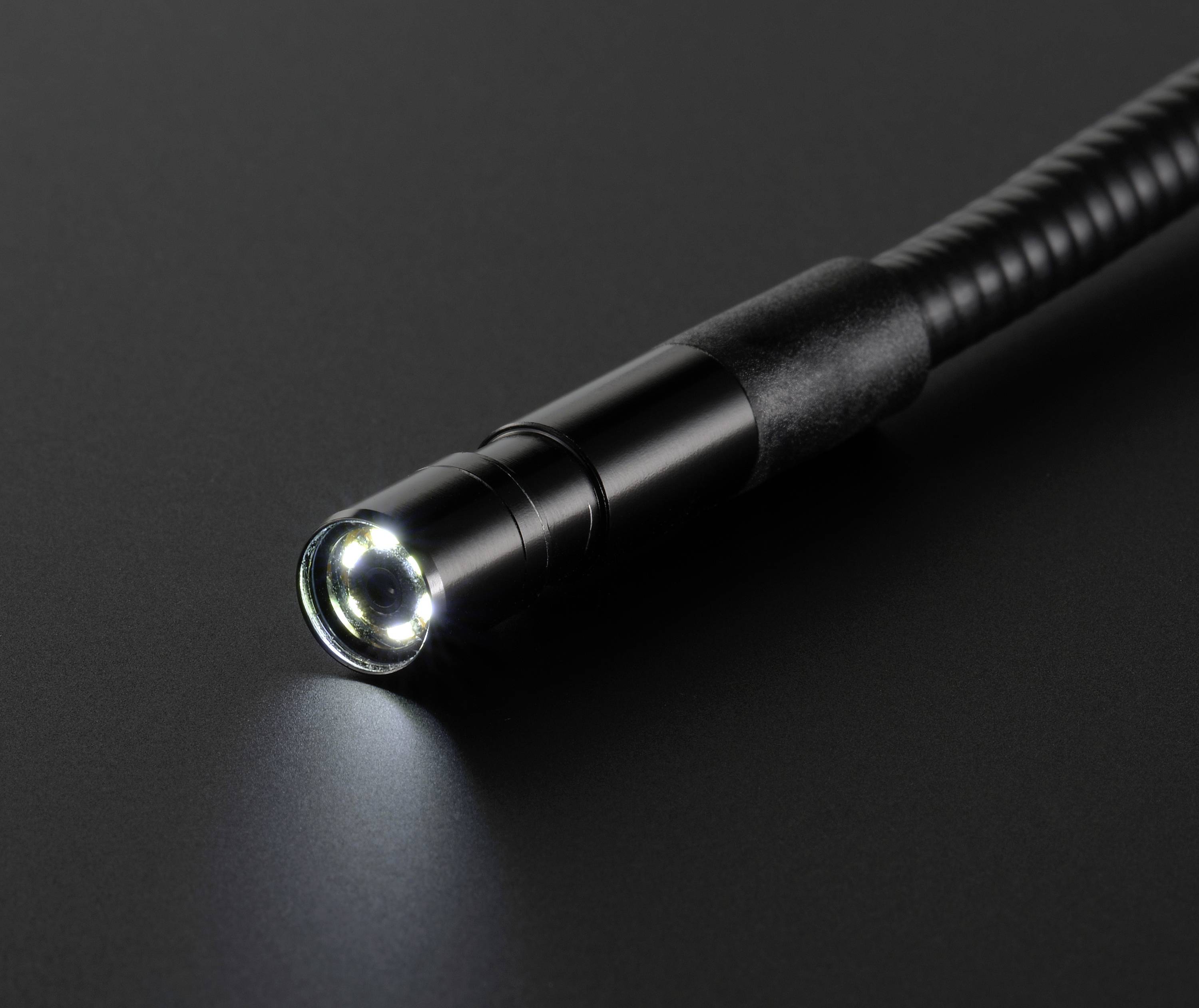 Endoscope camera with illuminated lens on a black background, displaying technical details with a flexible cable for hard-to-reach areas.