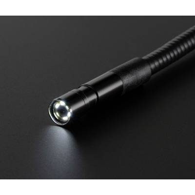 Endoscope camera with illuminated lens on a black background, displaying technical details with a flexible cable for hard-to-reach areas.