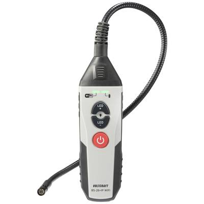 A portable endoscope with a flexible swan neck and a camera at the tip. At the front are control buttons and an LED display panel.