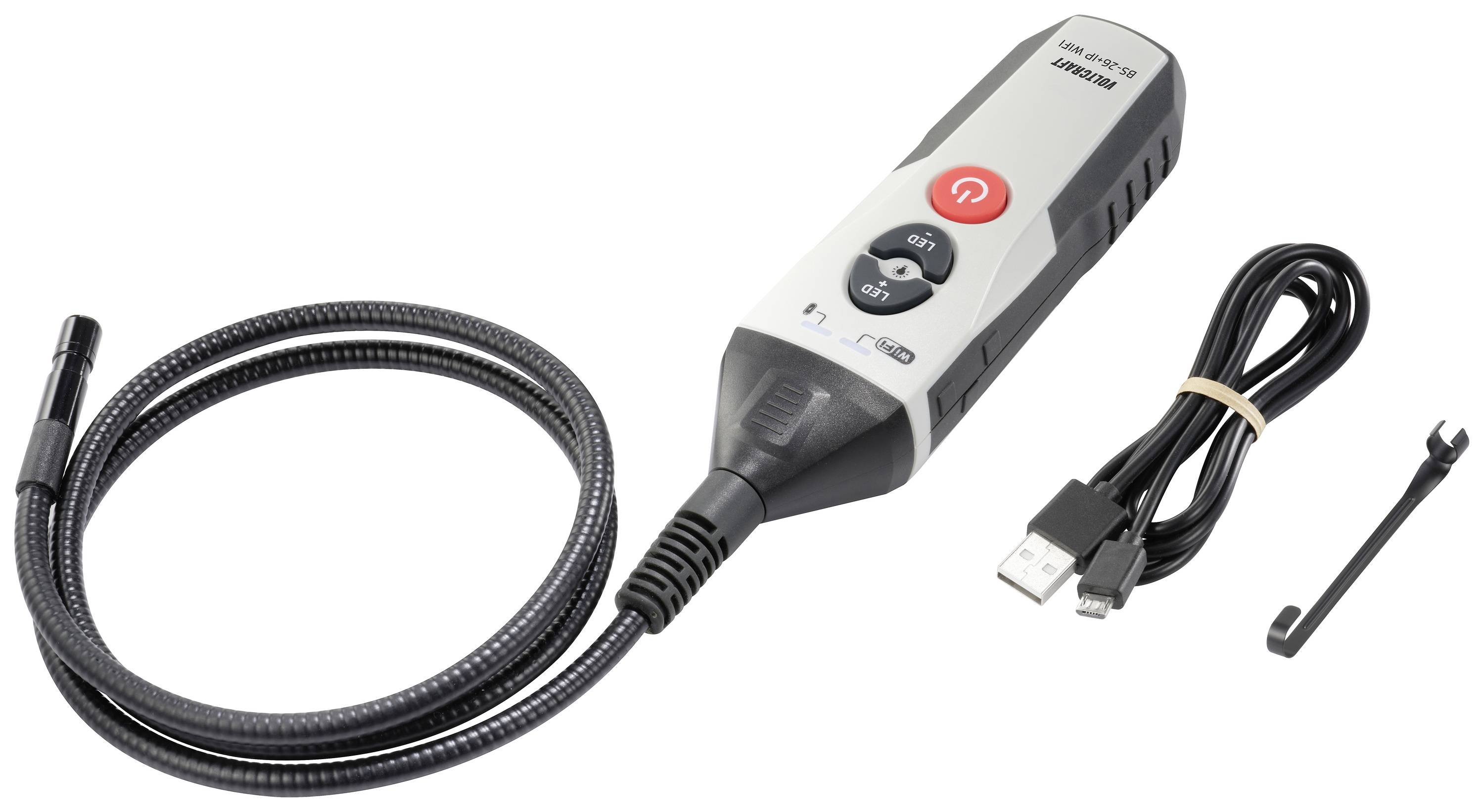 Endoscope camera with a flexible cable for inspecting hard-to-reach areas. Includes USB cable and small tool.