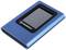 Portable blue external hard drive with touchscreen display, potentially for secure digital data storage.