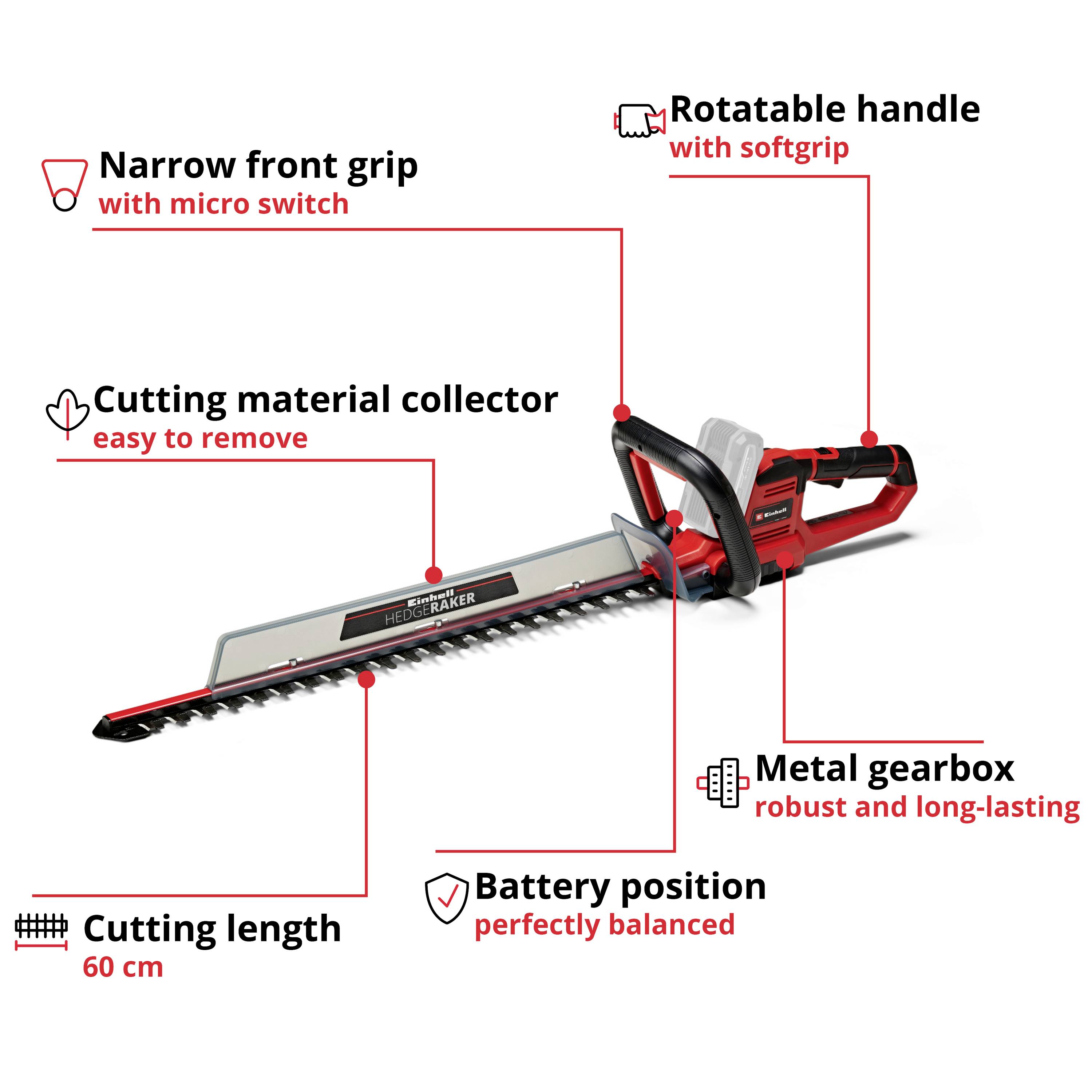 'Hedge trimmer with rotatable handle, smaller front grip with micro-switch, metal gearing, battery position at front, cutting length 60 cm.'