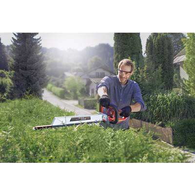A man is trimming a tall hedge in a sunny garden with an electric hedge trimmer. Trees and houses are visible in the background.