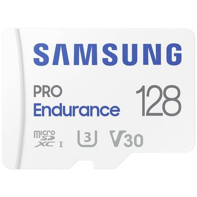128 GB Samsung PRO Endurance microSDXC Card, suitable for long-lasting video recordings. White card with blue and grey text.