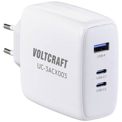 White multi-port charger with several USB ports: one USB-A and two USB-C ports, labelled 'VOLTCRAFT UC-3ACX003'.