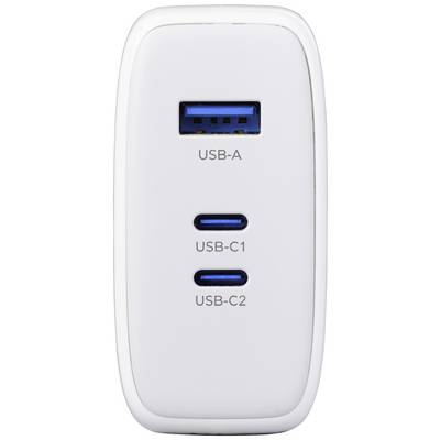 A white charger with one USB-A and two USB-C ports, labelled as 'USB-A', 'USB-C1' and 'USB-C2'.