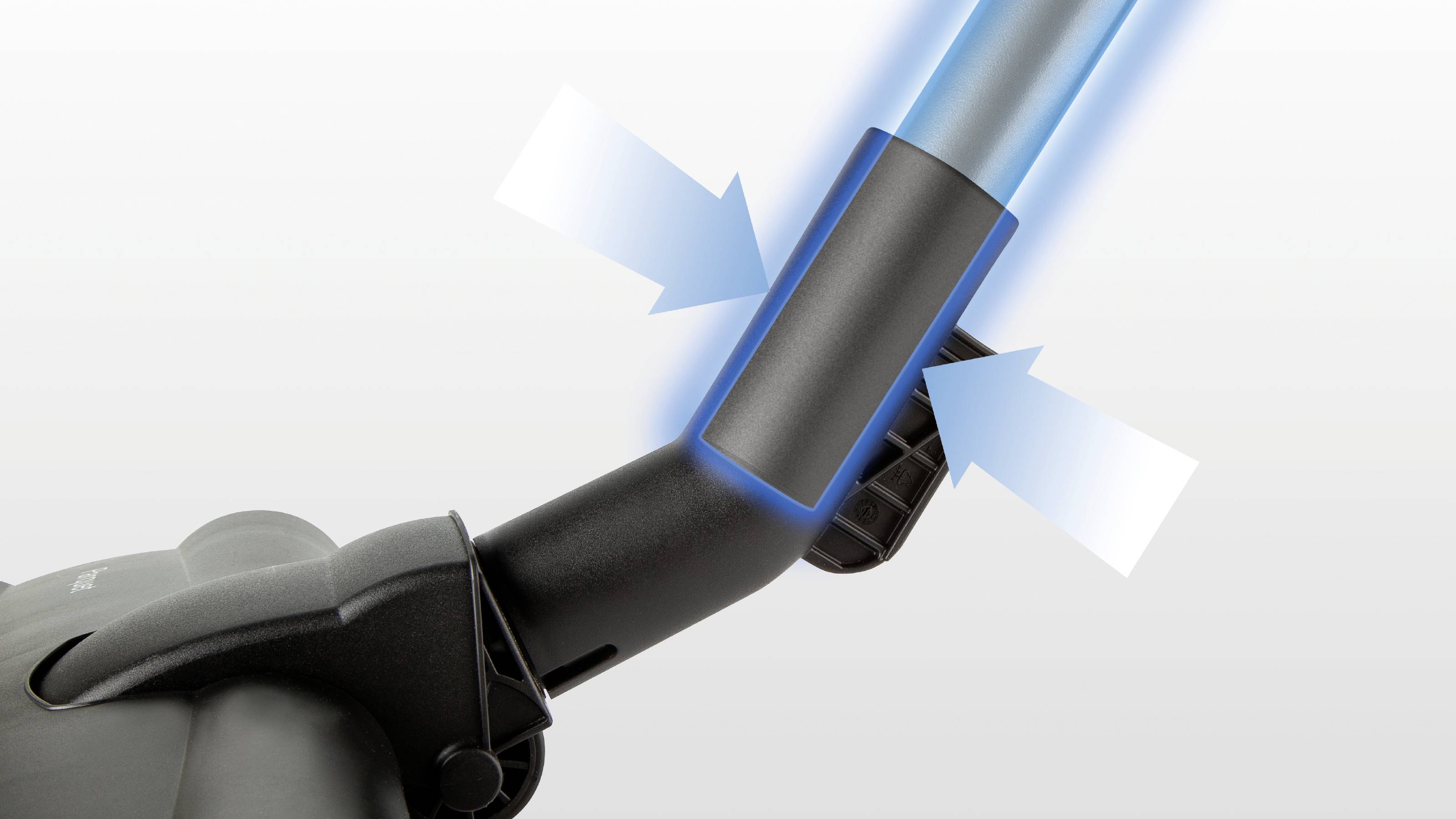 Close-up of a vacuum cleaner tube with a blue illuminated ring highlighting the connection between the tube and the nozzle.