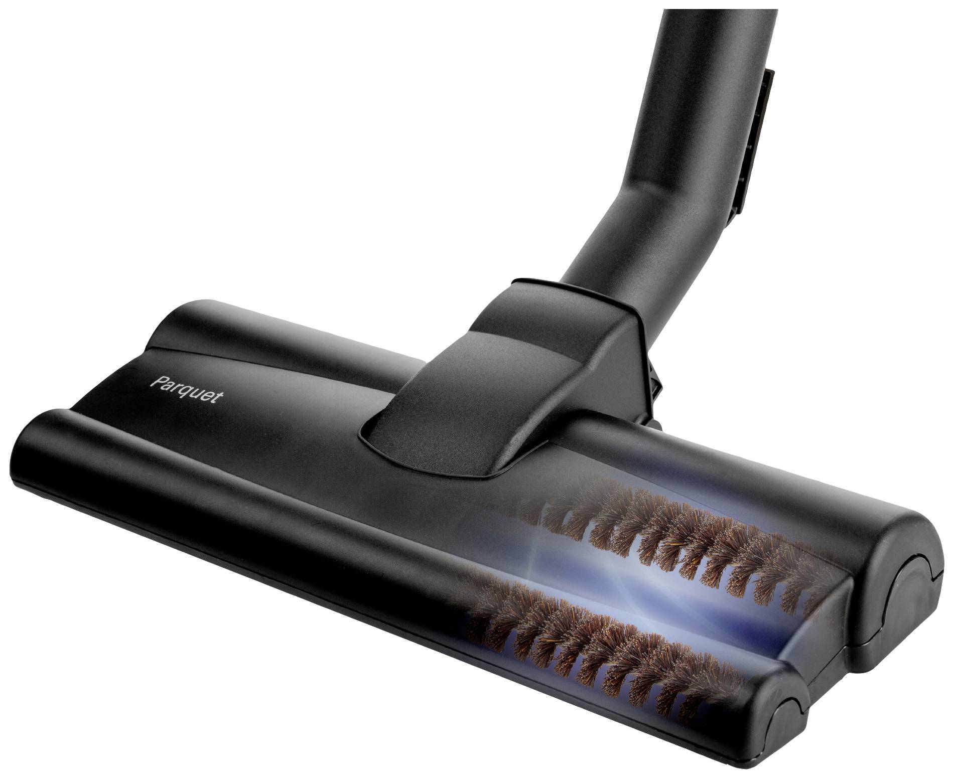 Vacuum cleaner nozzle, specifically designed for parquet floors, with an integrated bristle brush system that gently cleans surfaces.