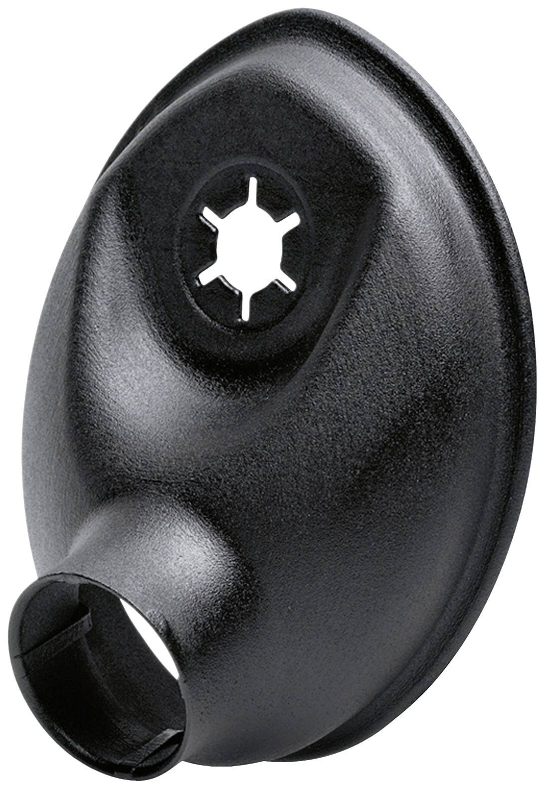A black plastic component with a circular opening and a star-shaped pattern in the centre, potentially a mounting element.