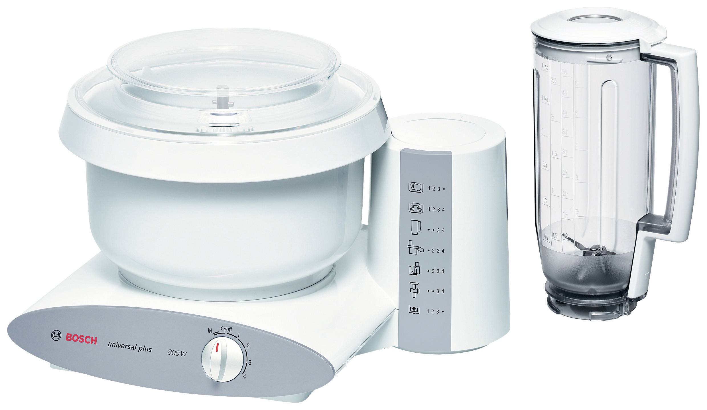 Kitchen food processor with white bowl and mixer attachment. Rotary dial controls speed. Suitable for mixing and kneading.