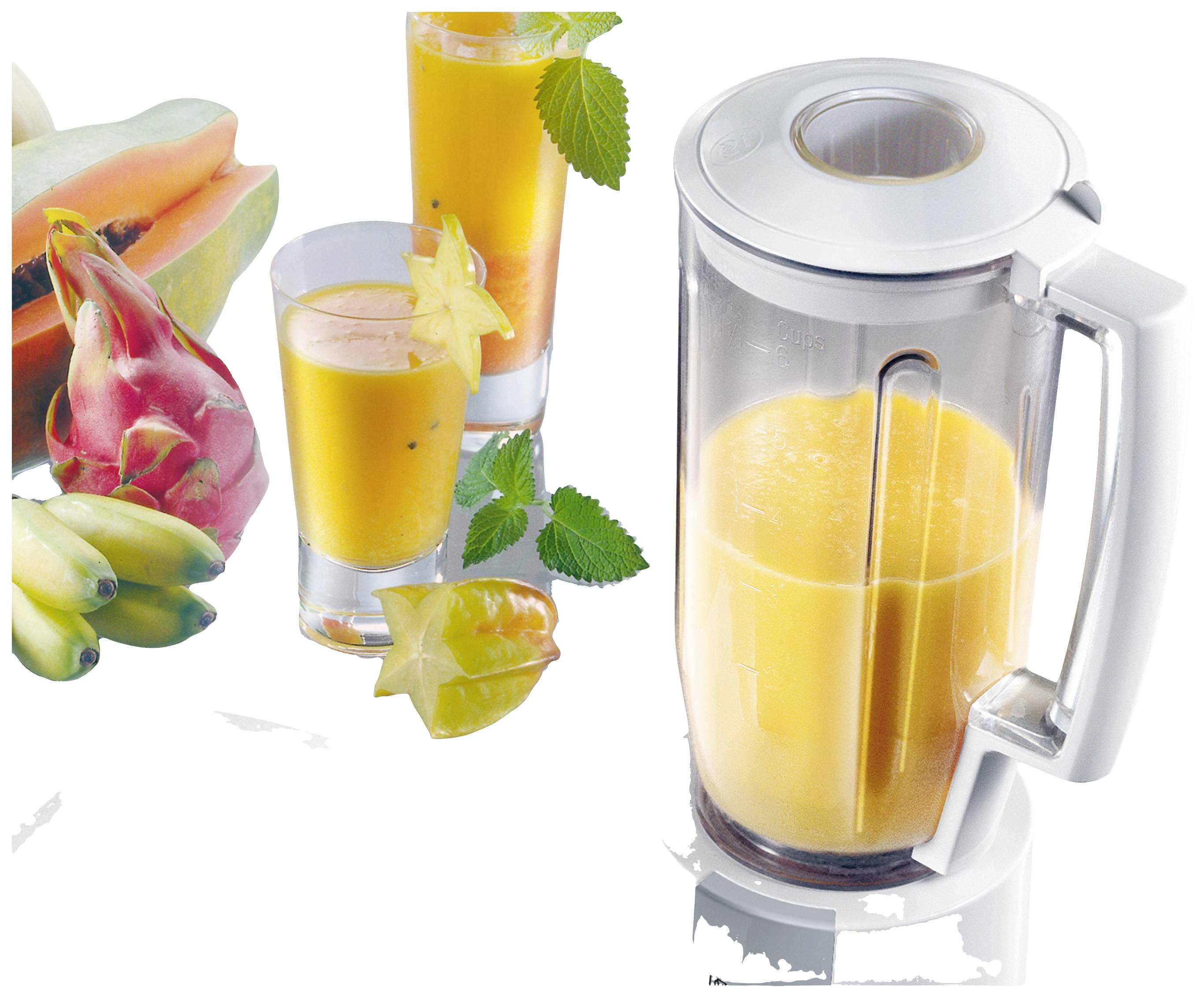 Blender with orange juice and tropical fruits. Two glasses of orange drink, garnished with starfruit and mint leaves.<br><br>Translation:<br>Blender with orange juice and tropical fruits. Two glasses of orange beverage, garnished with star fruit and mint leaves.