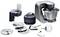 A food processor with accessories, including whisk, dough hook and various cutting discs, ideal for mixing and chopping.